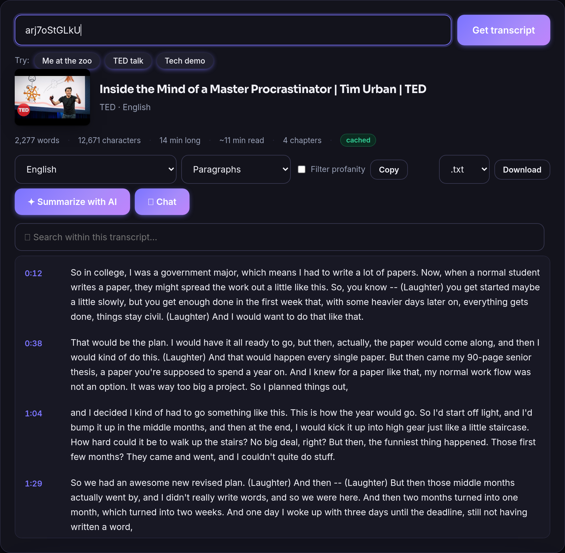 VidWords dark mode showing an extracted transcript