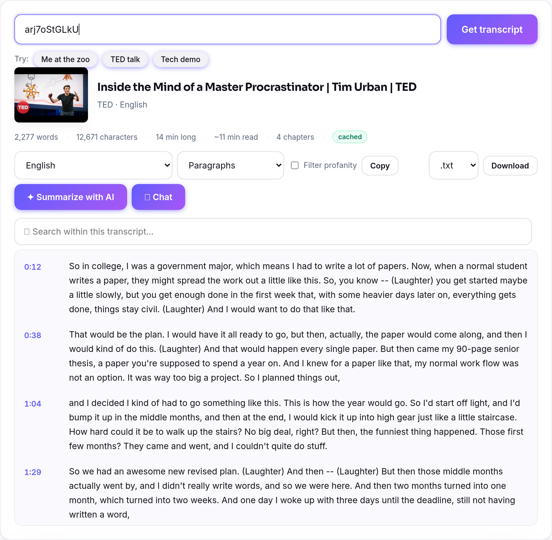 VidWords showing an extracted transcript with chapters and timestamps